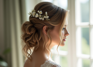 Choisir sa coiffure de mariage avec des cheveux mi-longs : quelques conseils Mariée avec coiffure mi-longue ondulée et accessoires floraux