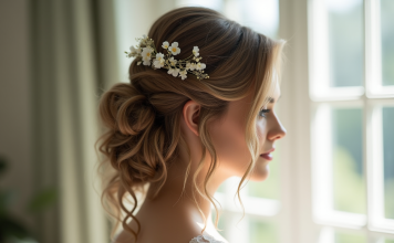 Mariée avec coiffure mi-longue ondulée et accessoires floraux
