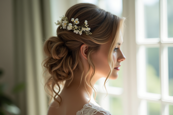 Mariée avec coiffure mi-longue ondulée et accessoires floraux