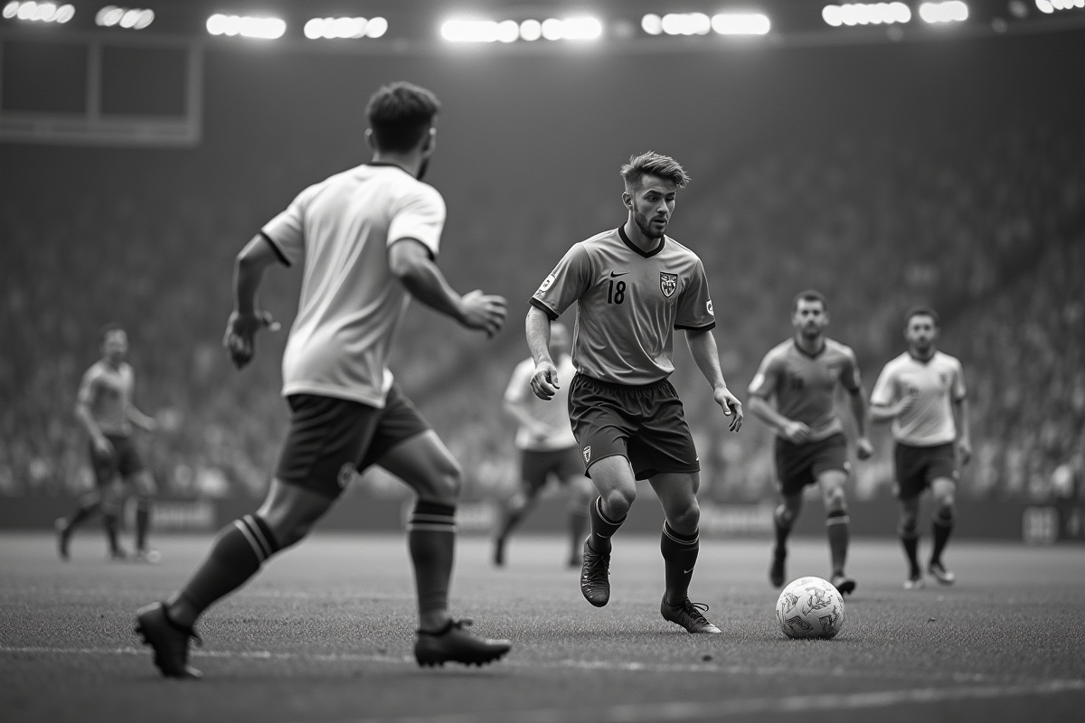 Match de football vintage en noir et blanc en pleine action