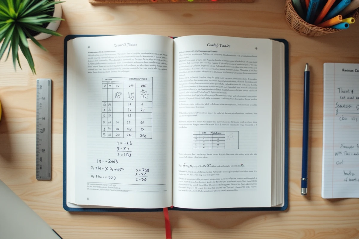 Vue de dessus du matériel scolaire de collège avec tableau de conversion gramme kilogramme dans un manuel de mathématiques