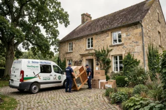 Équipe de débarras professionnelle devant une maison normande en Seine-Maritime