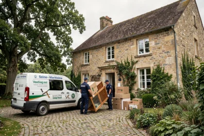 Équipe de débarras professionnelle devant une maison normande en Seine-Maritime