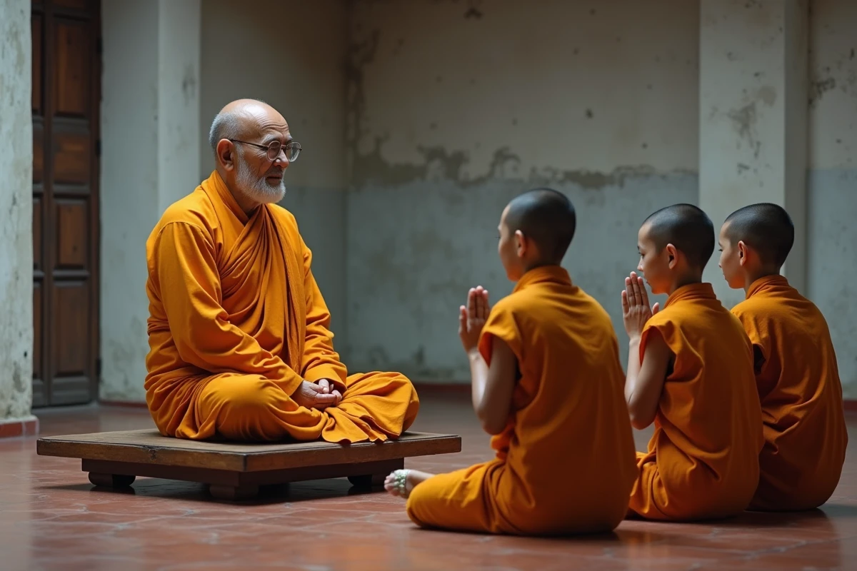 Ancien moine thaïlandais vénéré recevant le respect rituel de jeunes novices dans une salle d'ordination bouddhiste, illustrant le titre honorifique Luang Por