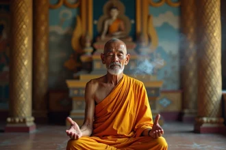 Moine bouddhiste thaïlandais âgé et vénérable médiant dans un temple traditionnel orné, portant la robe safran caractéristique du titre Luang Por