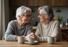 Proches : Importance des liens familiaux pour le bien-être Femme et sa mère souriantes partageant un moment chaleureux