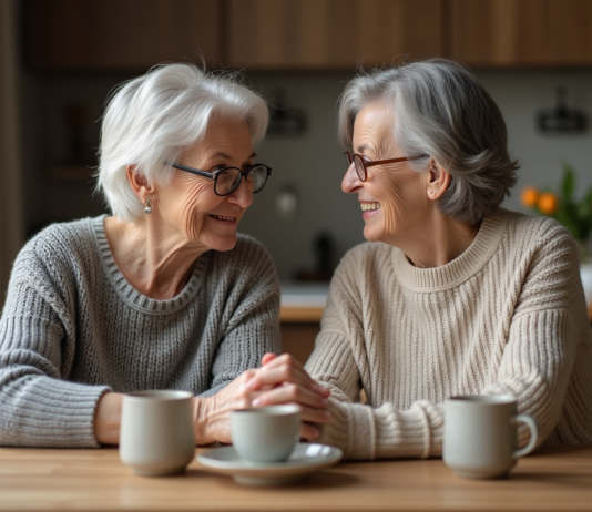 Femme et sa mère souriantes partageant un moment chaleureux
