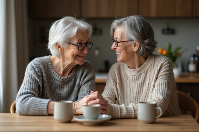 mre-fille-sourire-diner Femme et sa mère souriantes partageant un moment chaleureux