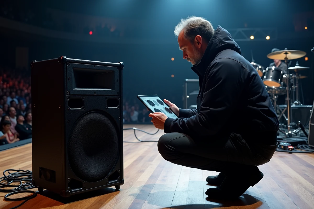 Musicien analysant les niveaux sonores en décibels sur tablette lors d'une balance sur scène de concert