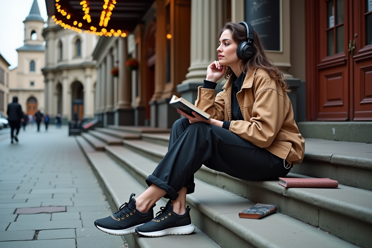 Musicienne tendance assise devant un théâtre ancien