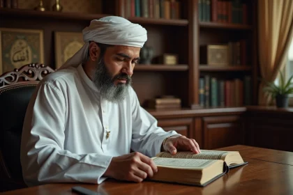 Musulman lisant le Quran dans son bureau traditionnel