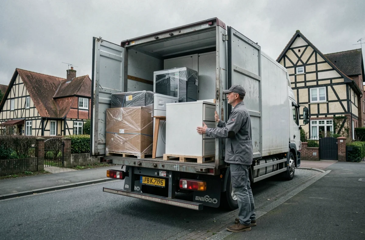 Chauffeur de N'Asa Transport Sas chargeant des meubles dans un camion en Normandie