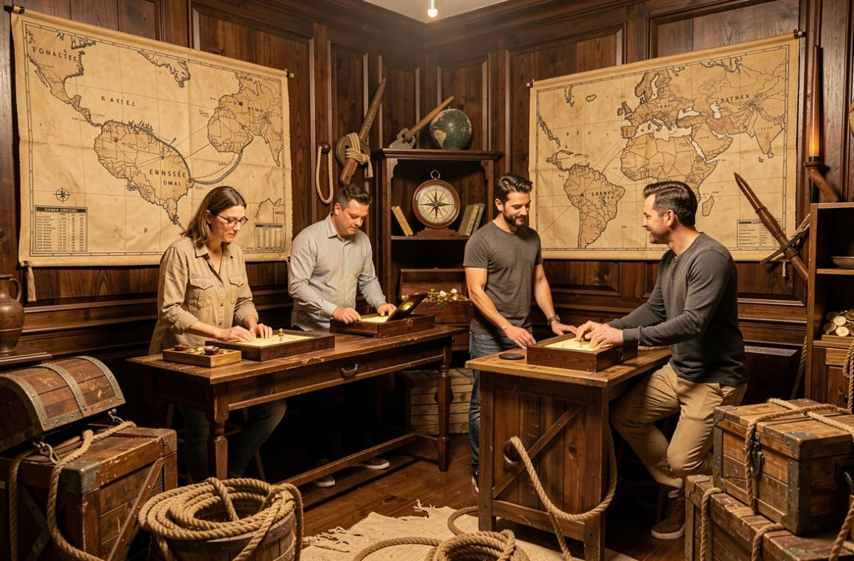 Groupe de joueurs adultes explorant un décor de salle d'escape game sur le thème nautique et aventure chez Odyssée Prod Escape Adventure Game à Poitiers