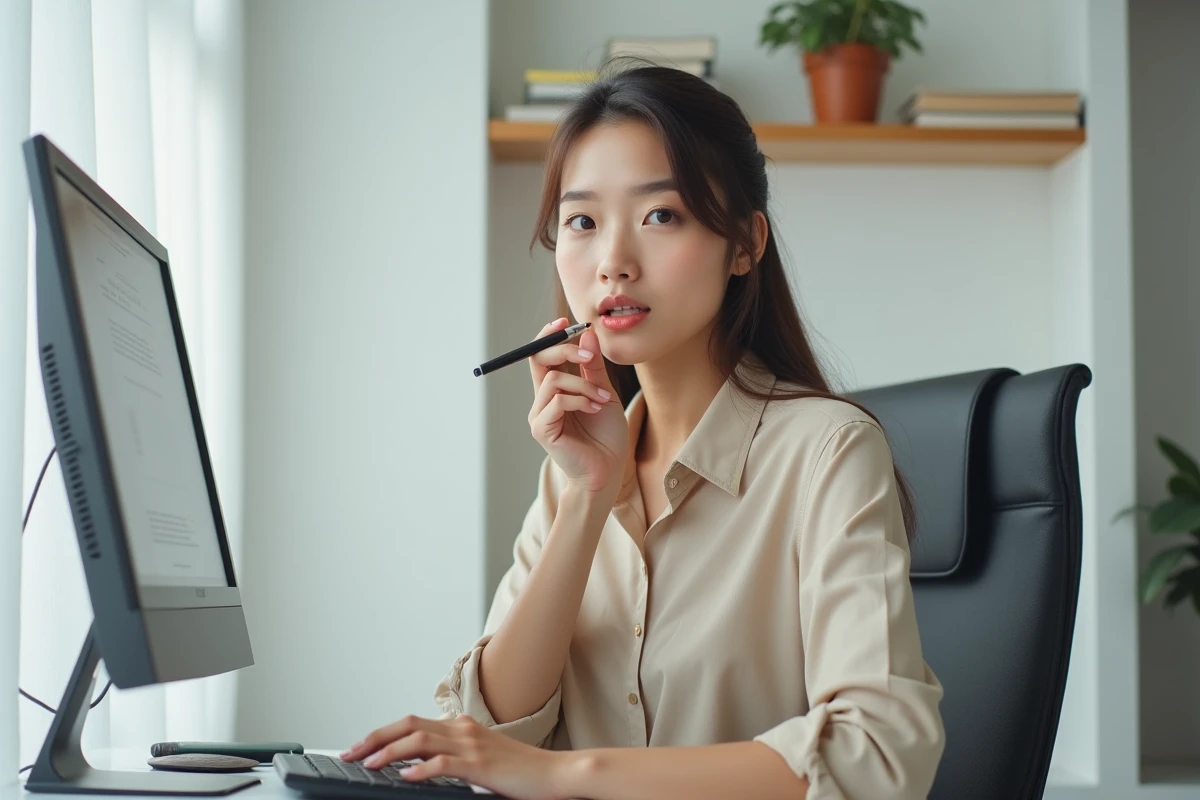 Jeune femme utilisant un outil de correction orthographique sur son ordinateur pour soigner son profil LinkedIn à domicile