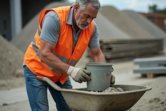 Ouvrier de construction versant du beton sur un site