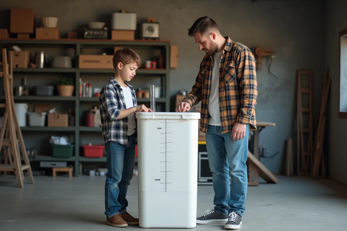 Parent expliquant la conversion entre mètre cube et litre à un jeune élève à l'aide d'un grand conteneur gradué dans un espace utilitaire