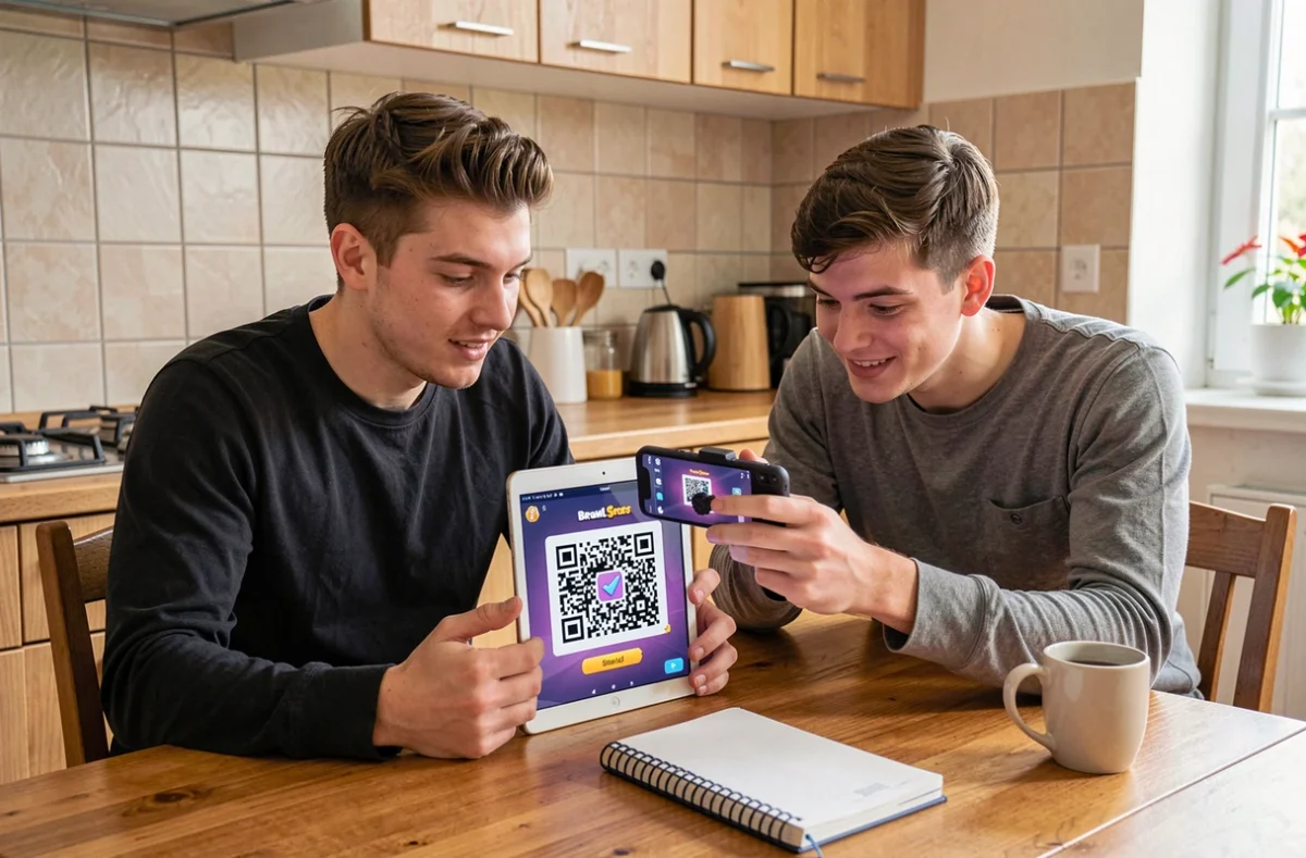 Deux jeunes adultes partageant un QR code de compte secondaire Brawl Stars sur tablette et smartphone dans une cuisine