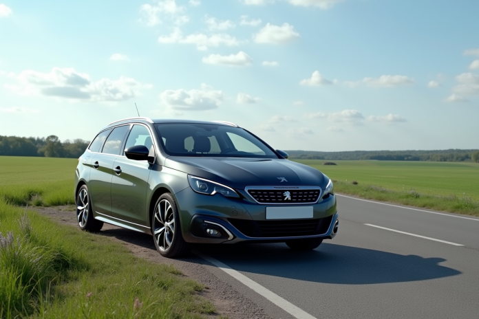 Peugeot 308 GT stationnée dans la campagne avec ciel bleu