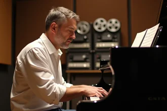 Pianiste concentré au piano à queue dans un studio d'enregistrement vintage, évoquant l'univers musical de Michel Berger