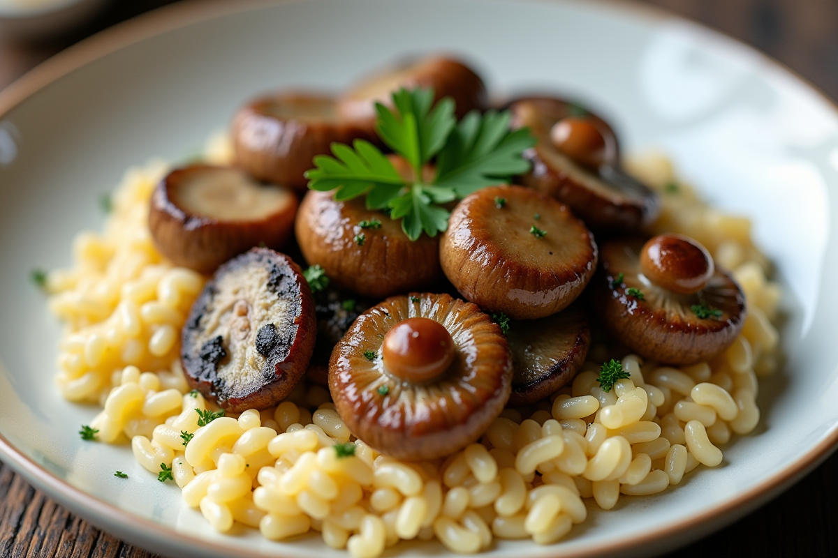 Plat de risotto aux chanterelles gris avec persil frais