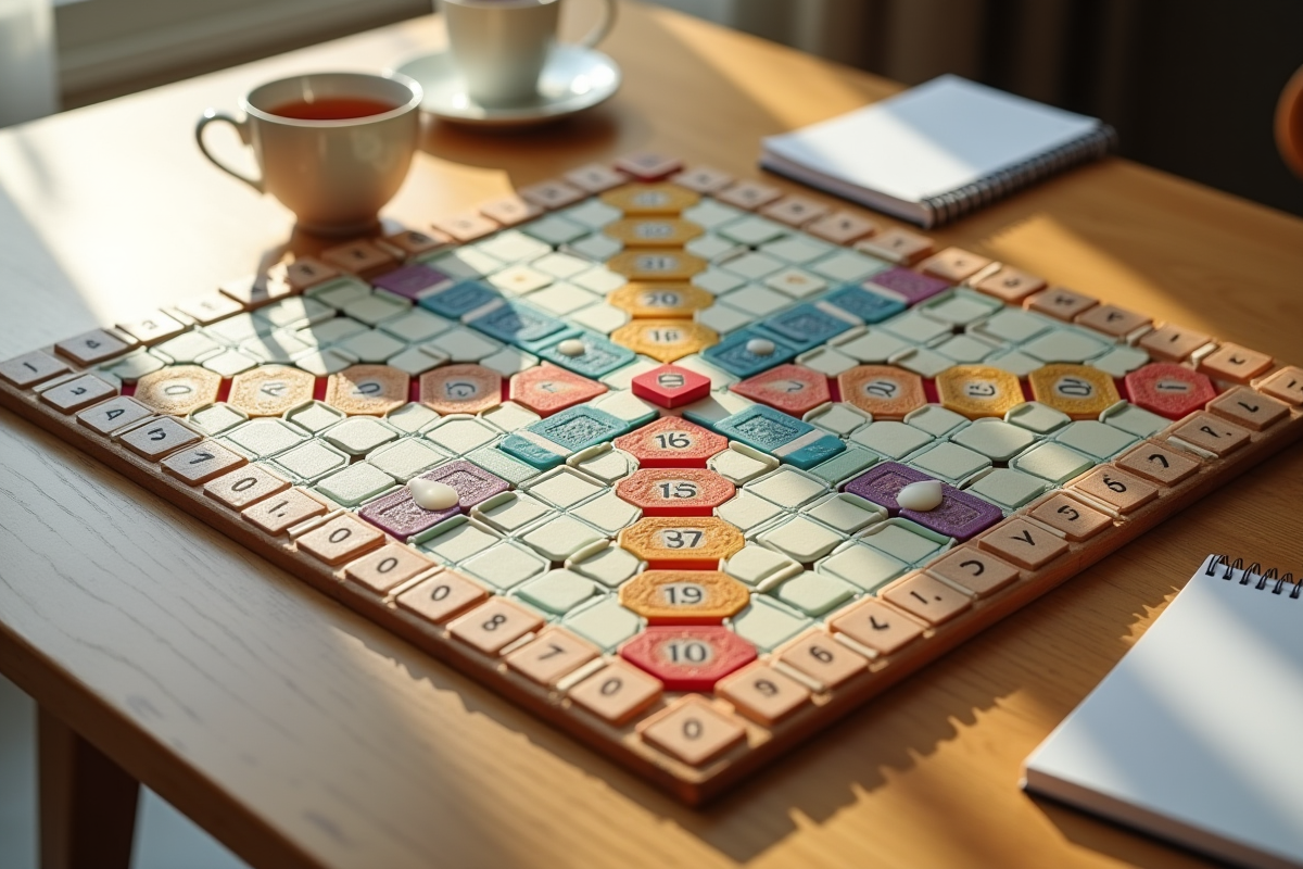 Plateau de Rummikub avec tuiles et tasses de thé sur une table moderne
