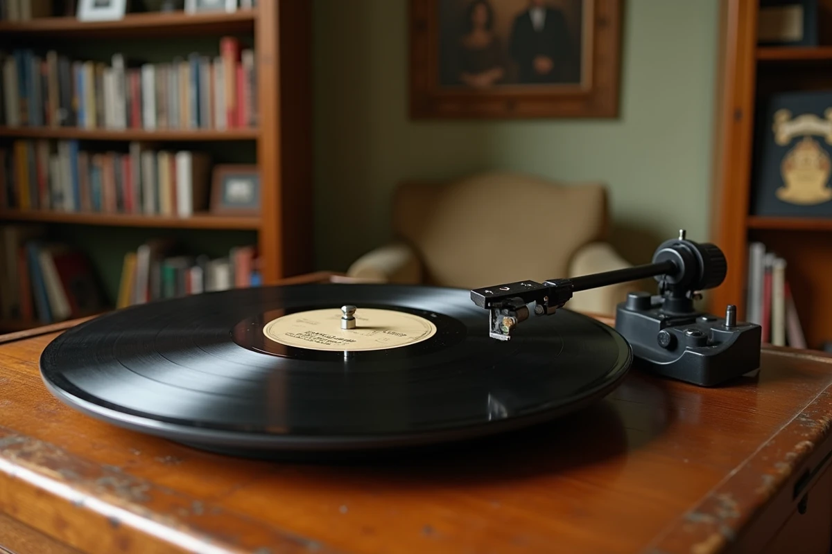 Platine vinyle et pochette de disque dans un salon parisien des années 80, ambiance nostalgique de la chanson française