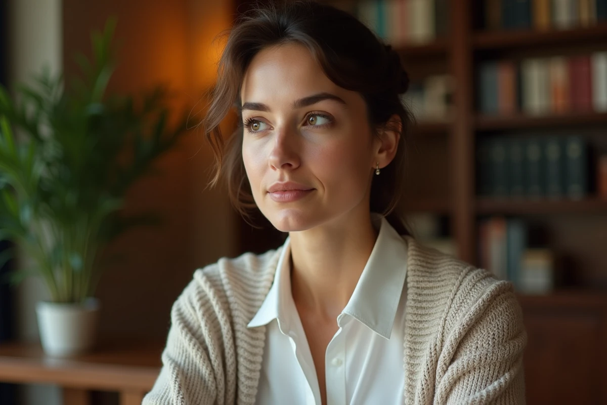 Portrait éditorial d'une femme pensive en intérieur, style magazine français contemporain