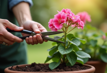 Mains de jardinier manipulant une geranium saine en potage
