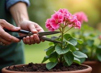 Le géranium : le bouturer pour avoir un jardin plein de couleur Mains de jardinier manipulant une geranium saine en potage