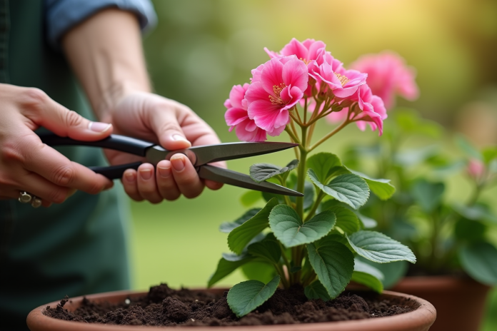 Mains de jardinier manipulant une geranium saine en potage