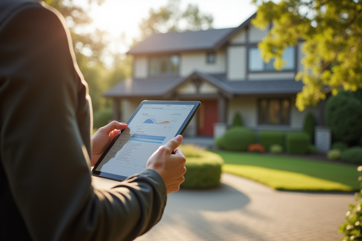 Mains utilisant une tablette pour évaluer une propriété extérieure