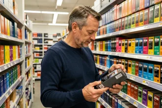 Homme examinant une cartouche d'imprimante dans un magasin de fournitures au Luxembourg en 2026