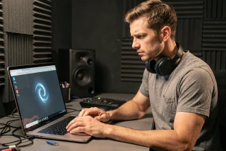 Producteur musical frustré face à un écran de chargement bloqué sur Killer Beat scan à son bureau de studio