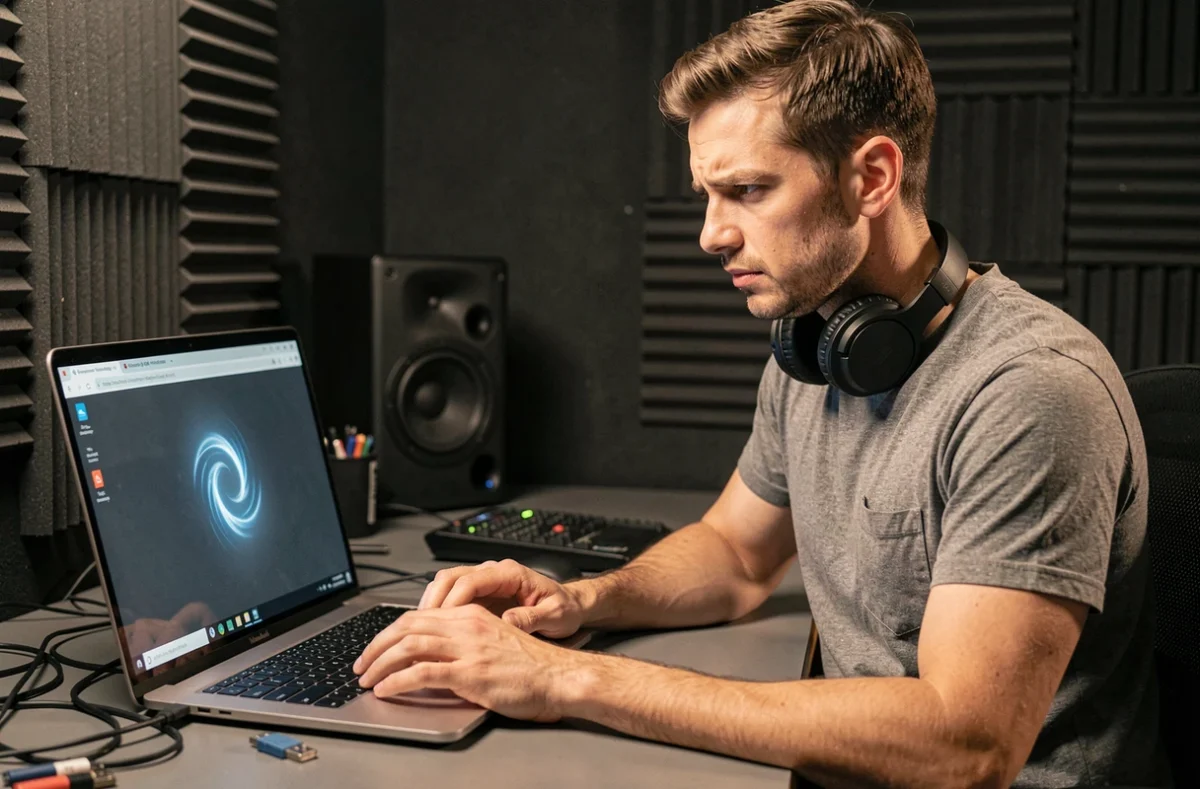 Producteur musical frustré face à un écran de chargement bloqué sur Killer Beat scan à son bureau de studio