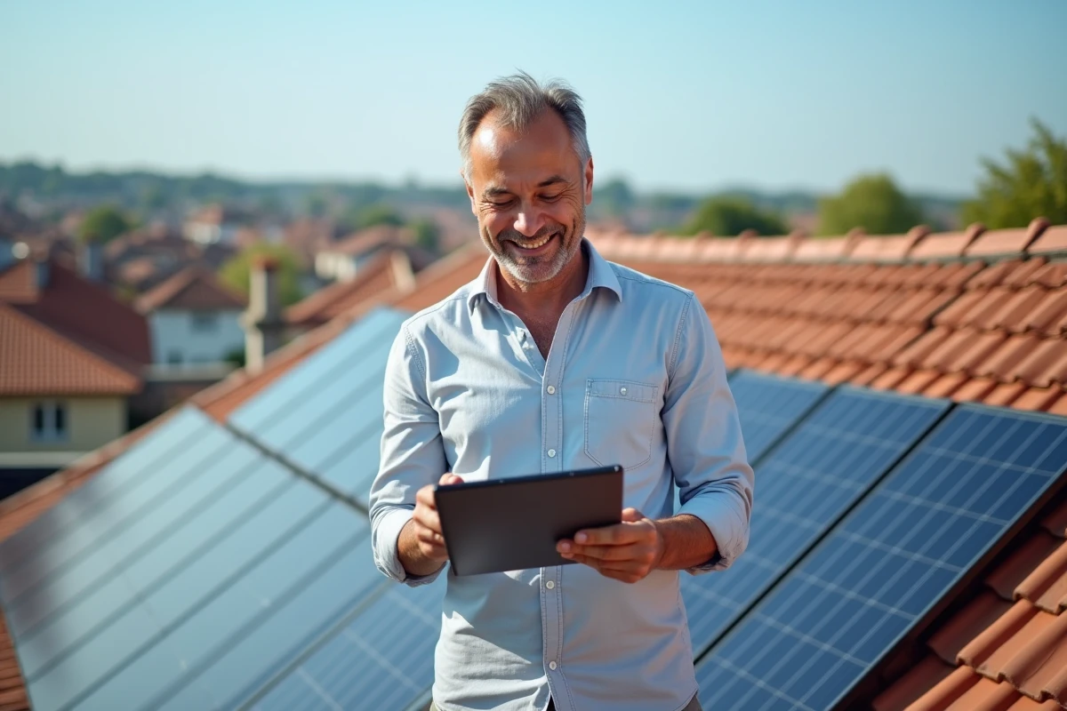 Producteur solaire consultant son compte EDF ENR sur une tablette depuis un toit équipé de panneaux photovoltaïques