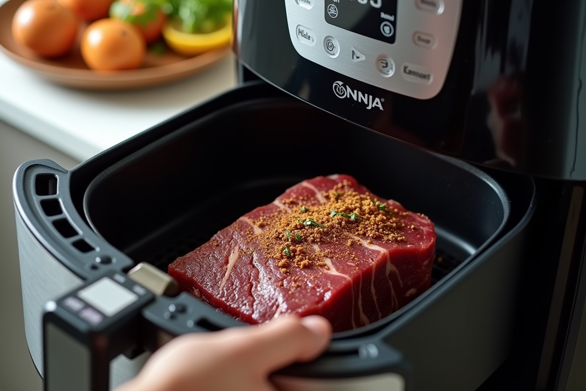 Main plaçant un rôti de bœuf assaisonné dans une friteuse Ninja