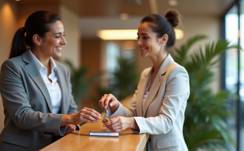 Réception d'hôtel accueillante avec un chèque vacances visible