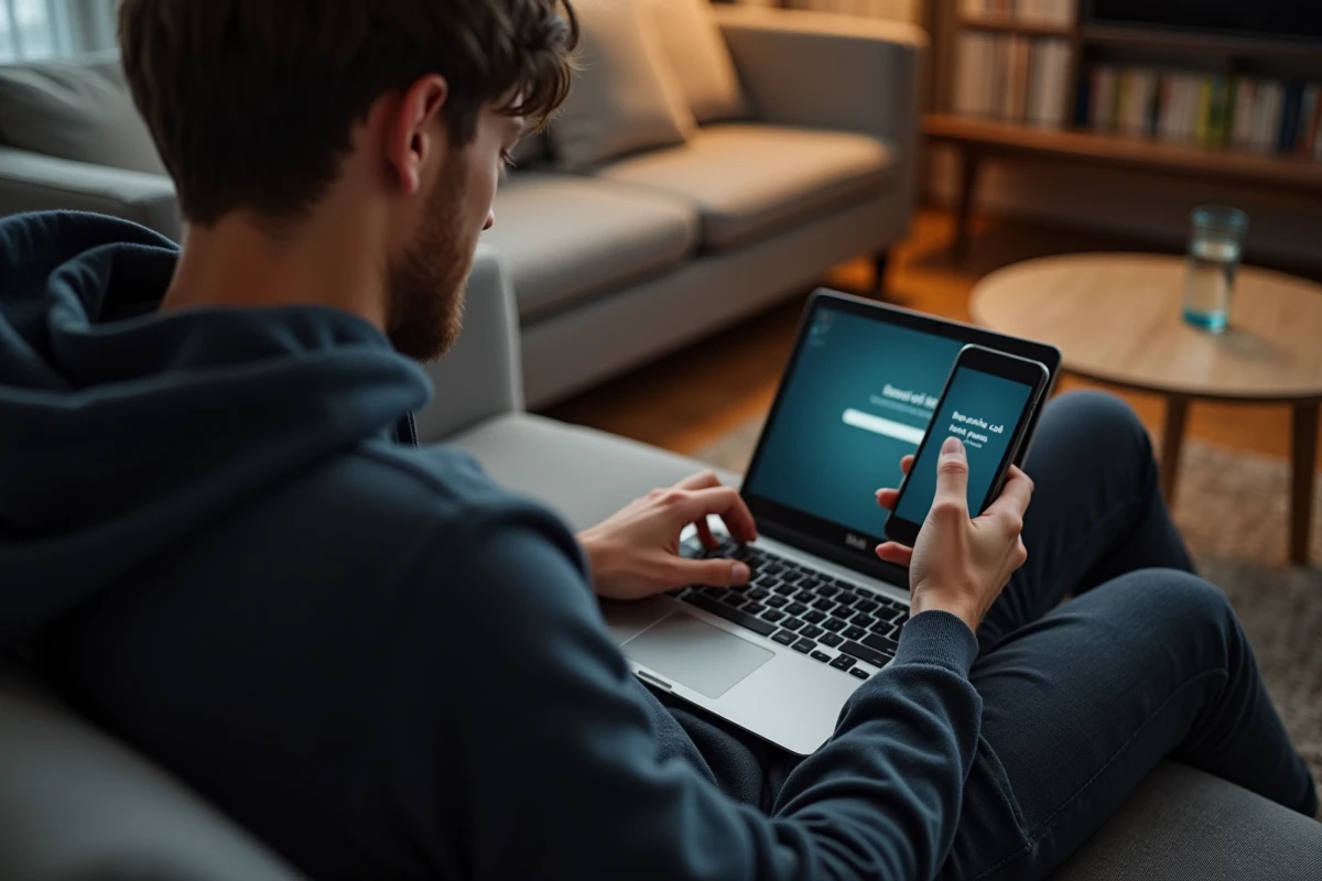 Jeune adulte recherchant un numéro de téléphone inconnu sur internet depuis son canapé