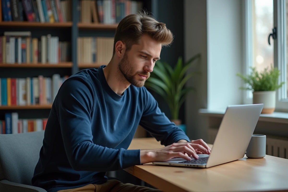 Homme adulte effectuant des recherches approfondies sur un ordinateur portable pour mieux comprendre les risques et précautions liés à une pratique personnelle
