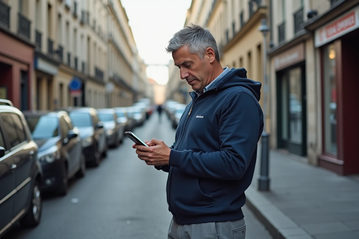 Homme cherchant un relais Chronopost sur son smartphone dans une rue française