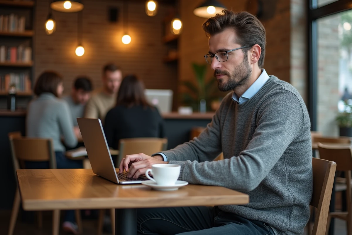 Homme en télétravail corrigeant son profil LinkedIn et ses messages professionnels dans un café urbain