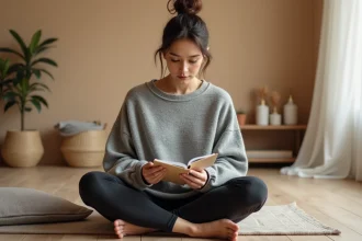 Femme adulte réfléchissant à une pratique personnelle en toute sécurité chez elle, carnet à la main dans un espace minimaliste et serein