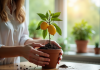 Main plaçant un petit citronnier dans un pot intérieur lumineux