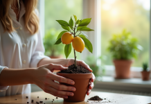 Main plaçant un petit citronnier dans un pot intérieur lumineux