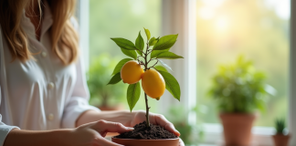 Main plaçant un petit citronnier dans un pot intérieur lumineux