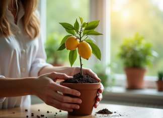 Main plaçant un petit citronnier dans un pot intérieur lumineux