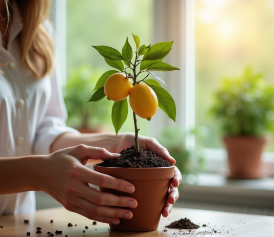 Main plaçant un petit citronnier dans un pot intérieur lumineux