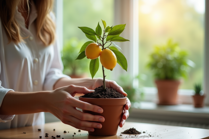 Main plaçant un petit citronnier dans un pot intérieur lumineux
