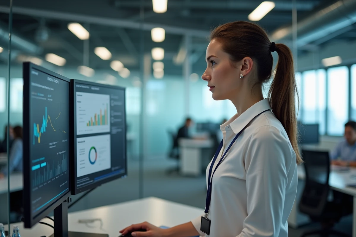 Responsable opérationnelle analysant un tableau de bord d'audit technique dans un bureau moderne en open space