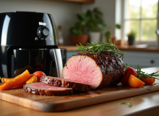 Rôti de bœuf tranché sur planche en bois avec légumes et romarin